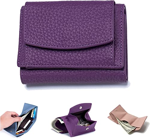 Card Fraud Folding Mini Wallet Genuine Leather RFID Blocking Card Holder Pocket Wallet Fashion Wallets for Men Women Navy Blue One Size(Purple)