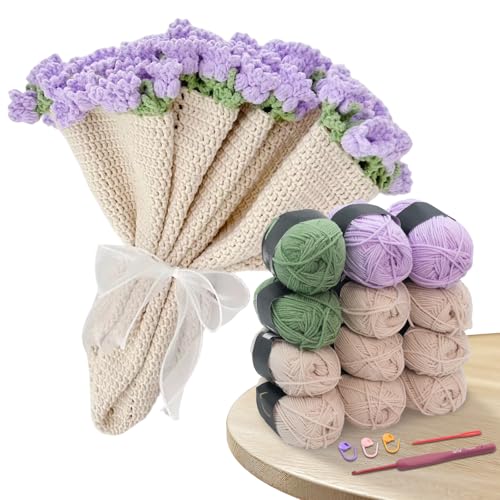 Image of HYAMVOR DIY Crochet Flowers Bouquet Blanket Kit, Handmade 43 inches Throw Knitting Kits for Adults, 12 Yarn Ball with Crochet Hook,Yarn Needle,Stitch Marker (Lily of the Valley)