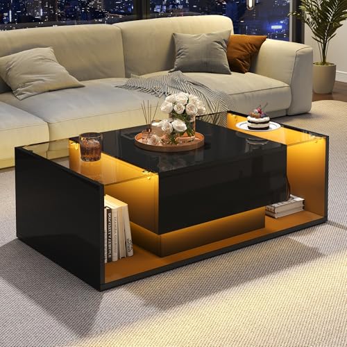 Merax Table Basse LED,Table de Salon Noire laquée – Table de Salon Noire Moderne avec 1 tiroir, 100×50×31cm,Plateau en Verre trempé & éclairage RGB...