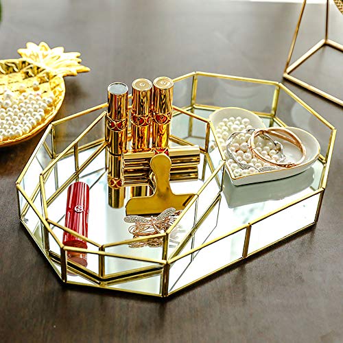 Mirror Gold Tray,Large Perfume Glass Tray Metal Makeup Decorative Tray Rectangle Mirrored Jewelry Tray Organizer For Vanity,Bathroom,Dressing Table(Polygon(Large)) #TOP4