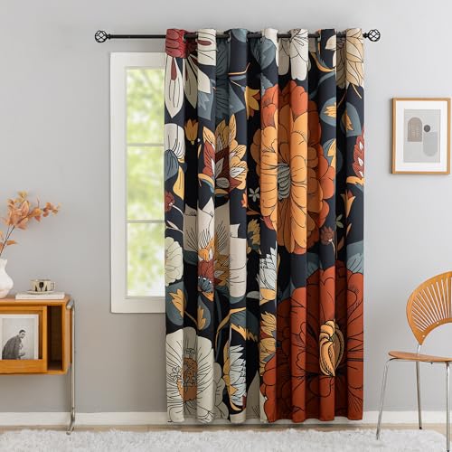 Image of Tyrot Black Boho Floral Blackout Curtains for Sliding Glass Doors 84 inch Length Extra Wide Curtains for Patio Sliding Door Living Room, Grommet Room Divider Thermal Insulated Curtains, W100 x L84