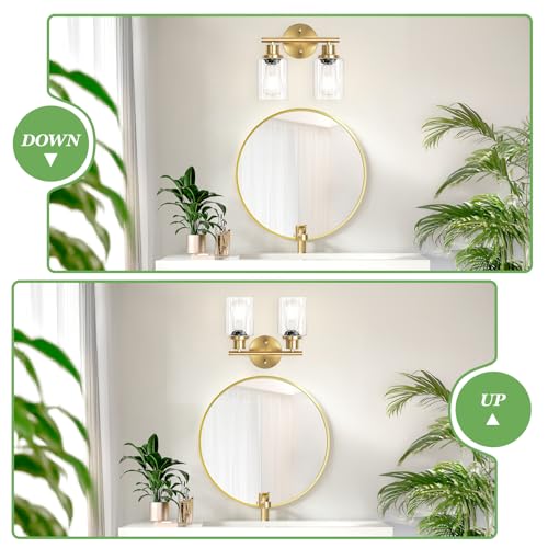 Image of 2-Light E26 Bathroom Light Fixtures, Modern Brushed Gold Vanity Lights for Bathroom with Clear Glass Shade, Mirror Kitchen Hallway Cabinet Living Room Sconces Wall Lights