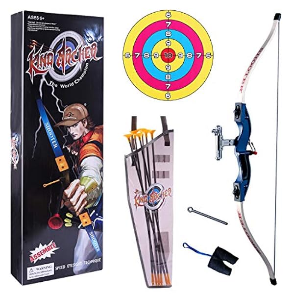 FADY Juego de flecha y arco para niños, incluye 3 flechas con ventosa y 1 objetivo, 6 flechas, tiro con arco, color azul