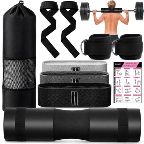 10 PCS Barbell Pad Set for Squat Hip Thrusts Pad for Squats Bench Press with Barbell Pad 2 Gym Ankle Straps 3 Hip Resistance Bands Lifting Strap Workout Poster Gym Equipment AccessoriesBlack
