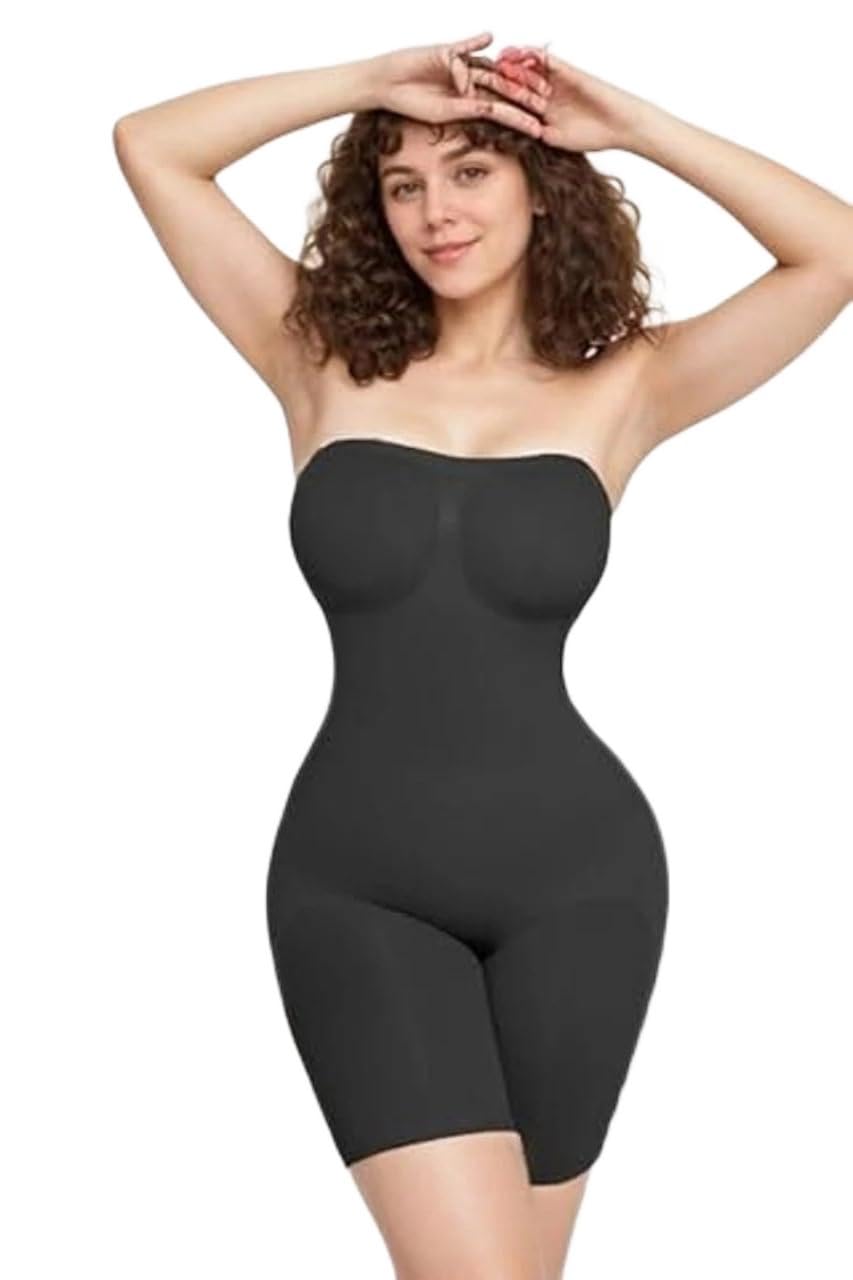 Women's Strapless Bodysuit Shapewear, Black, Nylon Spandex Blend, Tummy Control, Mid-thigh Length, Slim Fit, Seamless-image-7