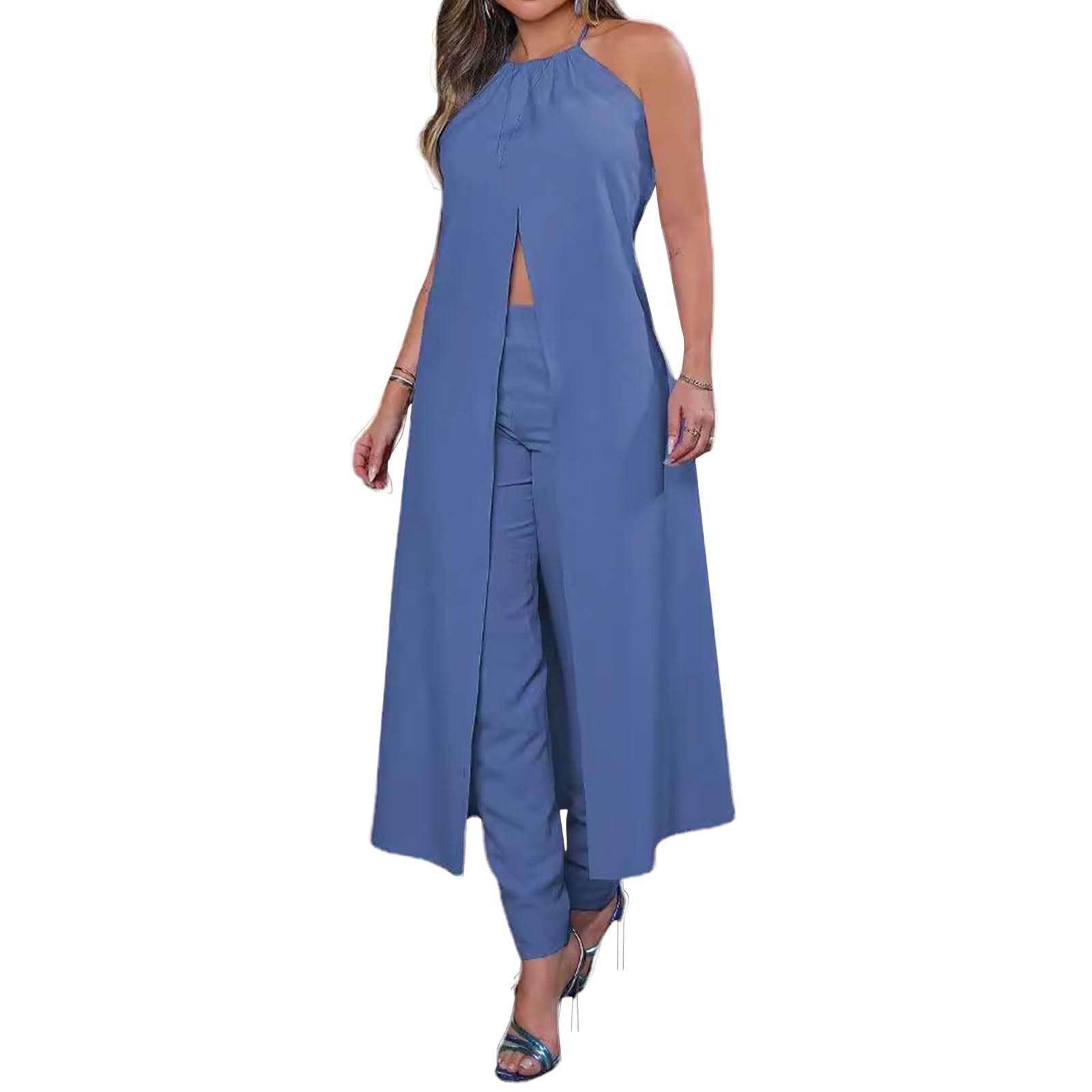 Two Piece Sets for Women Going Out Summer Halter Sleeveless Backless Slit Midi Dresses Elegant Matching Long Pant Set