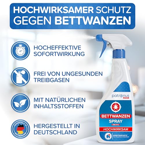 Patronus Bettwanzen-Spray zur effektiven Bettwanzen-Abwehr 500 ml - Sofortschutz-Mittel gegen Bettwanzen - mit dezentem Eukalyptus/-Zitrusduft - hochwirksam & laborgeprüft