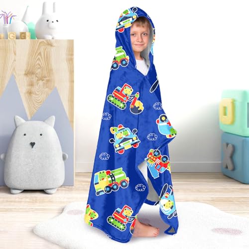 Image of Engineering Vehicle Boys Beach Towel with Hoodie for Kids Toddlers Age 4-8,Car Blue Bath Towels Shower Wrap for Boys, Hooded Poncho Beach Blanket for Pool Swimming Cute Wearable Bath Towel for Child