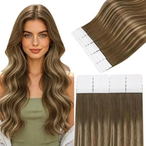 Image of Easyouth 24In Tape Extensions Human Hair Balayage Tape Hair Extensions Real Human Hair Brown Ombre Caramel Blonde with Brown Tape on Human Hair Extension Simple to Put in 50g 20pcs