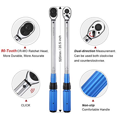 BULLTOOLS 1/2-inch Drive Click Torque Wrench Set Dual-Direction Adjustable 90-tooth Torque Wrench with Buckle(10-160ft.lb / 10-220Nm)