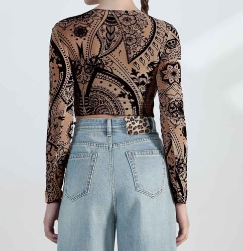 Image of ICW Women Long-Sleeves Round Neck Net Printed Transparent Mesh Sheer Crop Top T-Shirt DN38(Mix Print)