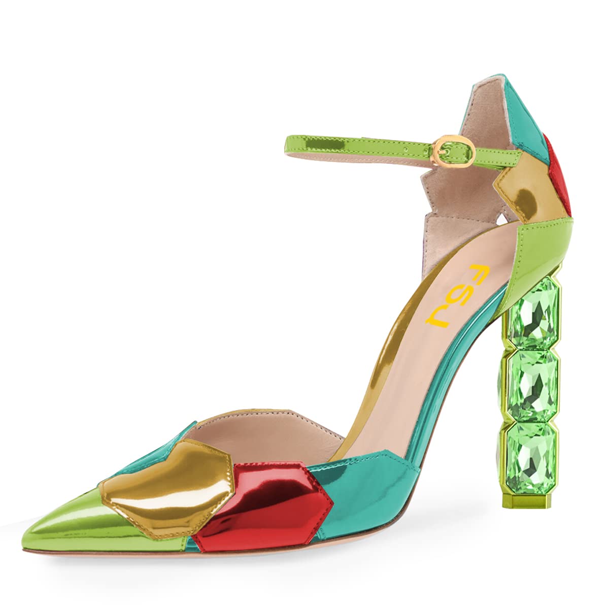 FSJ Women Shiny Crystal Heel Colorful Sandals Pointed Toe High Heel Ankle Strap Buckle Party Prom Dress Ladies Shoes Size 4-15 US