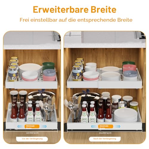 2 Pack erweiterbar ausziehbare schublade küche mit Kleber, ausziehbarer schrank organizer, Stick Slide Out teleskopschublade Cabinet Pull Out für Küche Pantry Organisation Einstellbare Breite 32-53cm 3