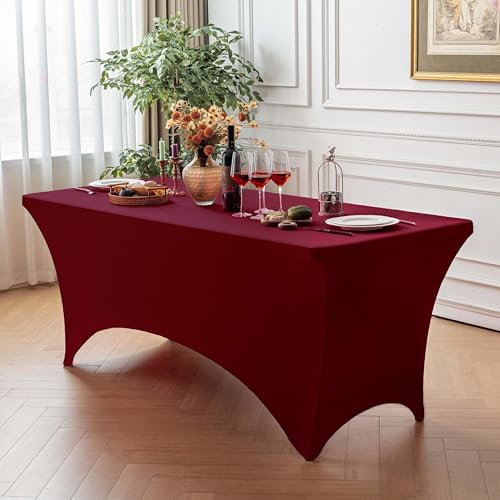 Image of FOLINS&HOME Burgundy 8ft Fitted Water Resistant Tablecloth with Spandex | Washable Elastic Rectangle Table Cover for 8 Foot Folding Tables, Stretch Table Cloth for Weddings, Banquets, Parties