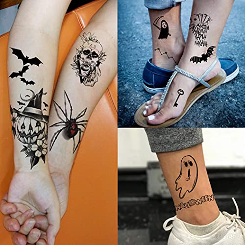 Shegazzi 52 Sheets Halloween Temporary Tattoos For Kids Boys Girls Women Men, 3D Scary Skull Skeleton Fake Tattoos Sticker For Adults, Small Ghost Vampire Bat Pumpkin Spider Temp Transfer Tatoos Devil #TOP6