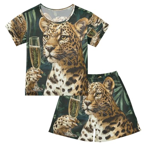 Pajama Sets Short Sleeve Leopard Holding Glass Wine Soft Cotton Summer Sleepwear 2 Piece PJS Size 5-14T