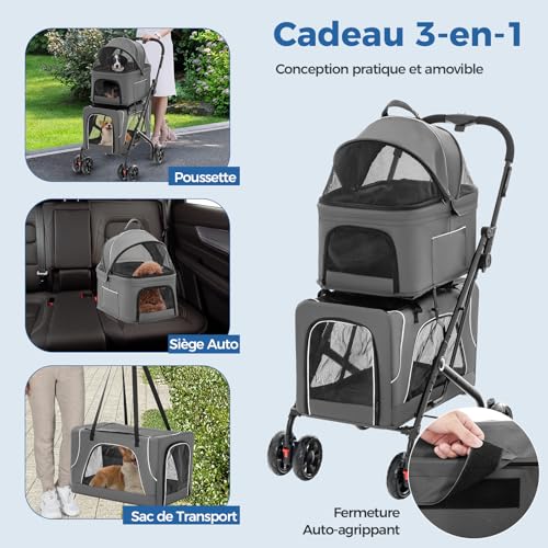 Poussette 3 en 1 pliable à 2 niveaux pour chiens et chats gris - 4