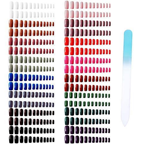 Fake Nails Kit Glossy or Matte Pure Color Acrylic Coffin False Nail Full Cover Press On Nail Tips with a Crystal Nail File(Square Glossy 384pcs)