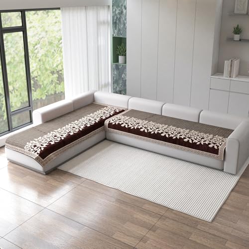 Image of Nendle Superior Velvet Floral Sofa Mat 6 Seater Set Cover Durable Protector for Living Room Sofa Set 3+3, Suitable for L Shape, Sectional and U Shape Sofa (Brown, Pack of 2)