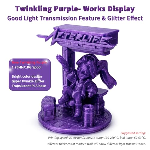 Image of ZIRO PLA Filament 1.75mm, Shiny Sparkle Glitter with Transluent Base, Twinkling PLA Series 3D Printer Filament, Colorful Printing Material,1kg /2.2lbs Spool, Fit Most FDM Printers, Twinkling Purple