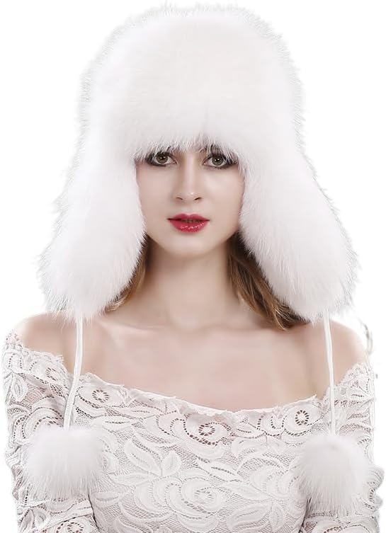 Real Fox Fur Trapper Hat with Earflap, Genuine Sheepskin Leather Shell Winter Warm Windproof Hat