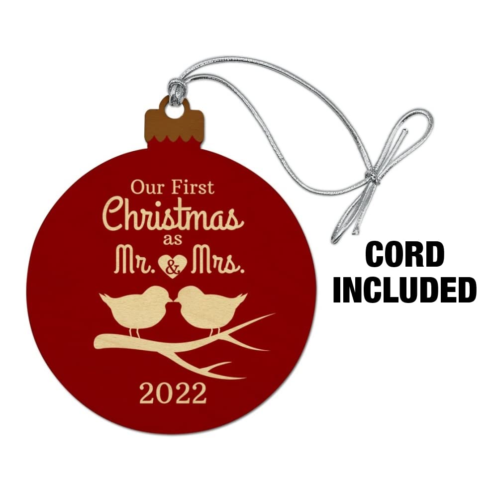 GRAPHICS & MORE Our First Christmas as Mr and Mrs 2022 Married Kissing Birds Red Background Wood Christmas Tree Holiday Ornament