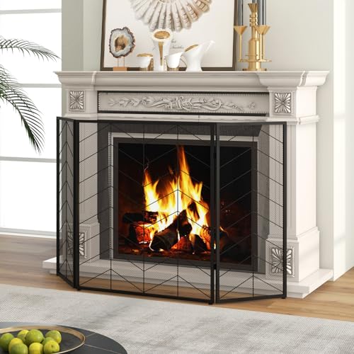 LIFEZEAL Parascintille per Camino a Legna, Pieghevole, Paraschizzi per Caminetto, Protezione di Stufa, Grilla a 3 Pannelli, Schermo in Metallo, Motivo a Strisce, Rete Decorativa, 132x79 cm, Nero