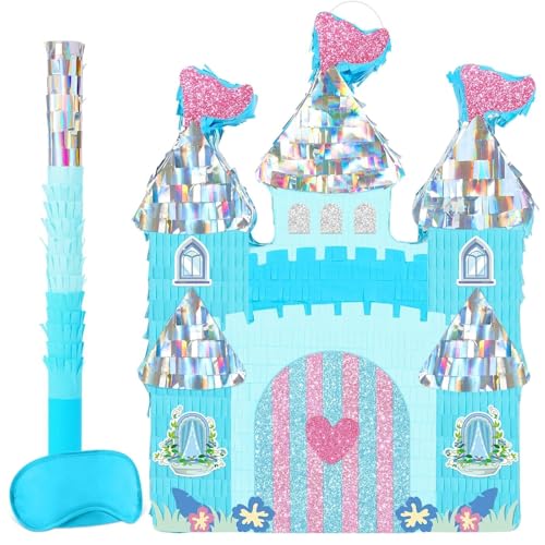 WERNNSAI Château de princesse Piñata - Décorations de fête de princesse Piñata de château bleu pour filles, jeu d’anniversaire pour enfants,...