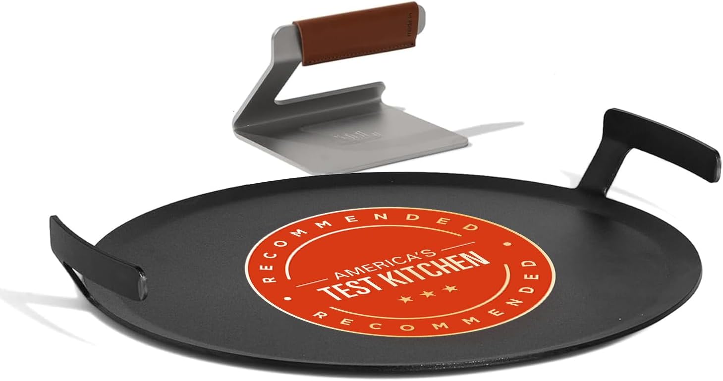 Made In Cookware | Seasoned 17" Round Carbon Steel Griddle + Grill Press - (Like Cast Iron, but Better) | Professional Cookware | Crafted in Sweden | Induction Compatible