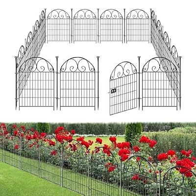 Getlay Tall Garden Fence Animal Barrier with Gate, 36 in(H) 14 Panels Garden Fences and Borders for Dogs, Dog Fence Outdoor for Yard, Total Length 30.6 Ft Metal Temporary Fencing, Flower Bed Fencing
