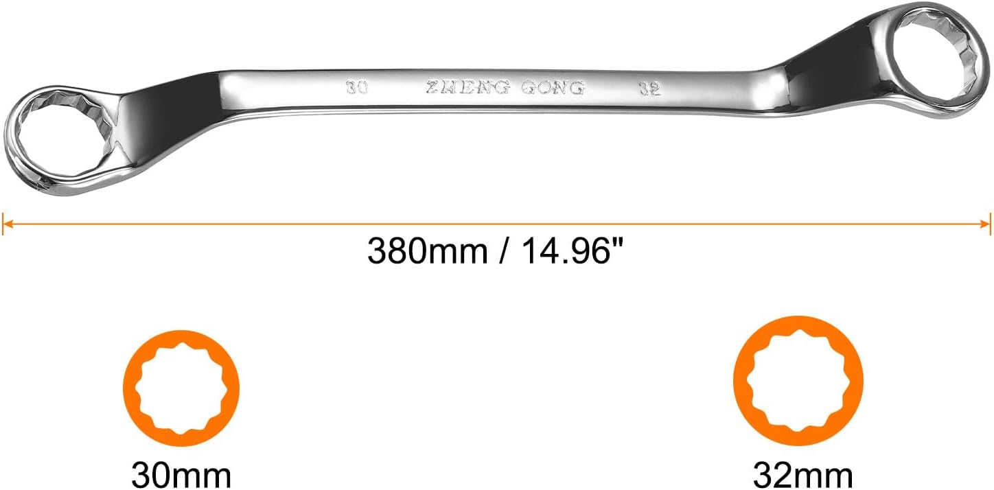 HARFINGTON 2pcs 45 Degree Offset Box End Wrench 30mmx32mm Metric 12 Point Mirror Chrome Plated Alloy Steel Double Box Wrenches Long Industrial Grade Torx Box Wrench Repair Tool