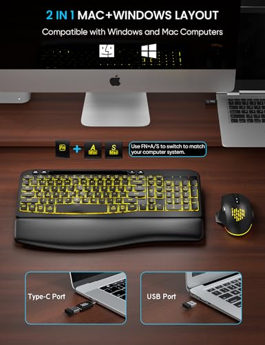 SABLUTE Wireless Keyboard and Mouse Combo - Ergonomic Wave Keyboard with Soft Leather Wrist Rest, Phone Holder, Rechargeable, RGB Backlit Mouse, Full-Size Cordless Set for Windows/Mac/Computer/Laptop - Image 8