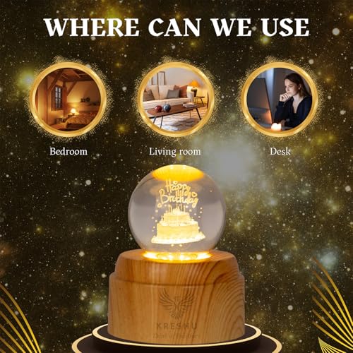 Image of KRESHU Happy Birthday 3D Crystal Rotating Glass Ball Dimmable Warm LED Light Wooden Stand Luminous USB Cable Decoration Night Lights for Art Home Decoration Birthday Gift (Pack of 1)