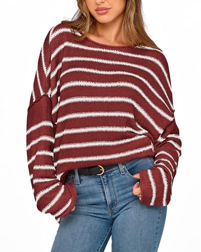 BTFBM Women's Striped Knit Sweaters 2025 Spring Fall Boat Neck Off Shoulder Long Sleeve Oversized Casual Pullover Tops
