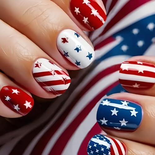 Independence Day Press on Nails Short Square Fake Nails 4th of July Nails Press Ons Blue Red Glue on Nail Holiday False Nails with Glossy Design Patriotism Stick on Nail for Women Decorations 24Pcs