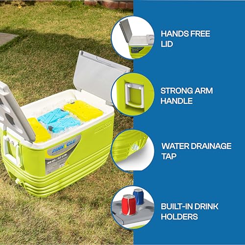 Image of Pinnacle Eskimo 57L Large Chiller Ice Box| Fits 80 cans| Holds Ice Upto 100 hrs| Insulated Portable Cooler IceBox with Two-Way Open Lid, Drain Tap, Drink Holder| Perfect for Car Travel,Sport (Lime)