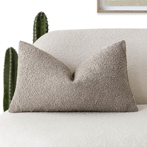 Image of Foindtower Decorative Textured Boucle Throw Pillow Covers Accent Solid Lumbar Pillow Cases Neutral Soft Cozy Couch Cushion Case for Chair Sofa Bedroom Living Room Home Decor 12x20 Inch,1PC,Light Taupe