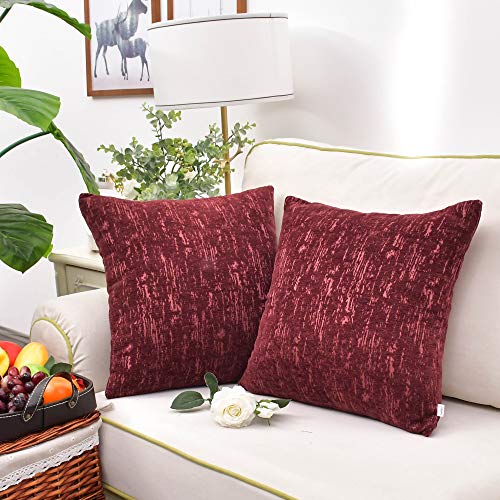 Image of CaliTime Throw Pillow Cases Pack of 2 Marbling Jacquard Solid Dyed Super Soft Chenille Cushion Covers for Couch Sofa Home Farmhouse Decoration 18 X 18 Inches Burgundy