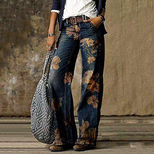 Women's Flower Printed Jeans Stretchy High Waisted Trouser Baggy Straight Wide Leg Casual Imitation Denim Pants2