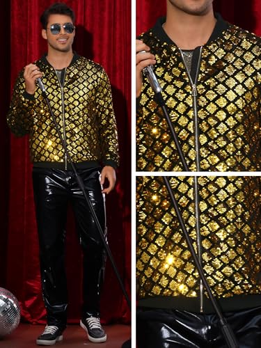Image of Lars Amadeus Argyle Sequin Bomber Jacket for Men's Party Club Shiny Baseball Varsity Jacket