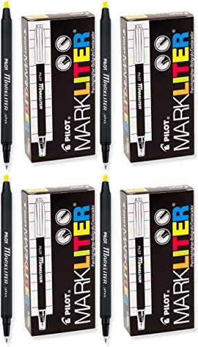 PILOT Markliter Stick Pen & Highlighter, Black Ballpoint Ink/Yellow Highlighter, 12 Count (45600),Yellow/Black - 4 Pack