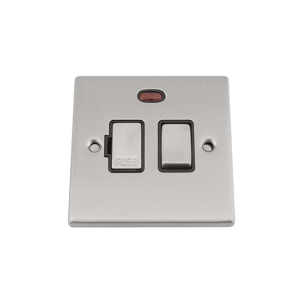 A5 Products Black Switched Fused Spur Switch W/Neon - Satin Chrome - Square - Metal Rocker Switch - 13 Amp