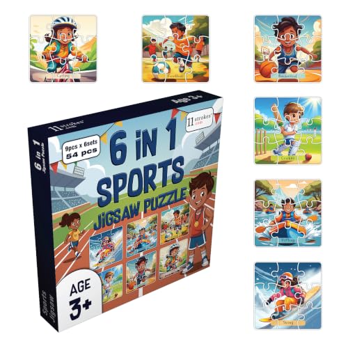 Image of 11 Strokes 6 in 1 Sports Jigsaw Puzzle for Kids Age 3+ | 54 Pieces | Cricket Football Tennis Badminton Swimming Cycling | Premium MDF | Educational Toy