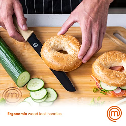 MasterChef-Kitchen-Knives-Set-of-5-Including-Paring-Utility-Bread-Carving-Chef-Knife-Sharp-Stainless-Steel-Non-Stick-Blades-Wood-Look-Soft-Touch-Handles-5-Piece-Black