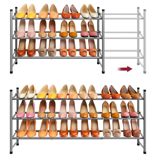 Image of Tajsoon Expandable Shoe Rack for Closet 3 Tier, 28 inch-41 inchAdjustable & Stackable Shoe Shelf Storage, Metal Shoe Rack Organizer for Front Door Entrance, Closet, Garage, Entryway, Grey