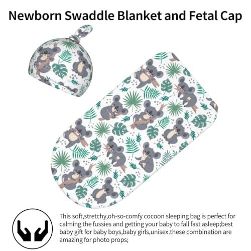 Image of Lcokin Cute Koala Baby Stuff Swaddle Blanket Hat Set for Boys Girls, Soft Newborn Sleeping Sack Receiving Blanket Shower Gift