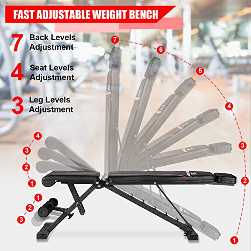 Adjustable Weight Bench with Upgraded Headrest, Foldable Workout Bench for Home Gym Strength Training, 500lbs Incline Decline Flat Exercise Bench Press for Wegiht Lifting by Dualeco