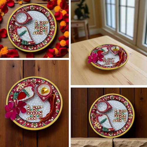 Marble Pooja Thali with Meenakari Work – 6 Inch Decorative Thali, Diya, Roli-Chandan Holder, Kalawa Set for Mandir Aarti, Grih Pravesh, Diwali & Festival Gift (6inch) — photo — 6 of 9