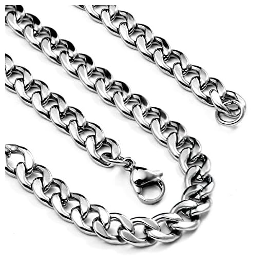 Flongo Collar Cadena Cubana para Hombres Mujeres, Collar Hombre Cadena Cubana Cadena Gruesa 50cm de Largo, Color Plata Acero Inoxidable