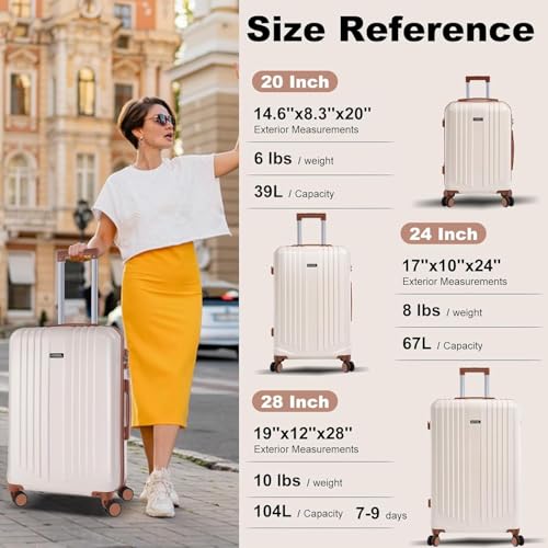 Image of Hoteel Luggage Sets 3 Piece, 4-Year Warranty, Carry-On Luggage with Dual-Spinner Wheels, PC+ABS Hardside Suitcase Set with TSA Lock, Large Checked Travel Suitcases, Beige(20 /24 /28)
